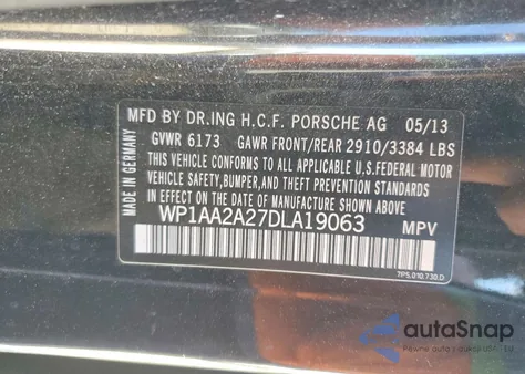 2013 Porsche Cayenne z USA, uszkodzony, nr VIN WP1AA2A27DLA19063